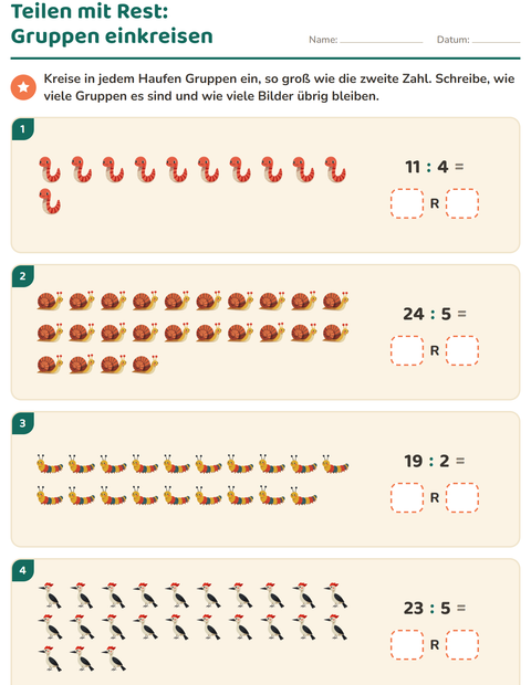 Vorschau: Teilen mit Rest-Arbeitsblatt mit Waldtiere für 3. Klasse