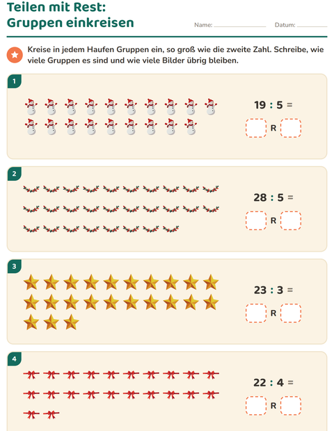 Vorschau: Teilen mit Rest-Arbeitsblatt mit Weihnachten für 3. Klasse