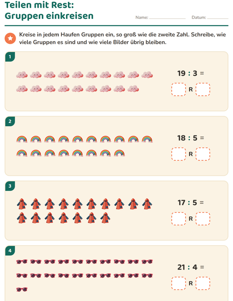Vorschau: Teilen mit Rest-Arbeitsblatt mit Wetter für 3. Klasse