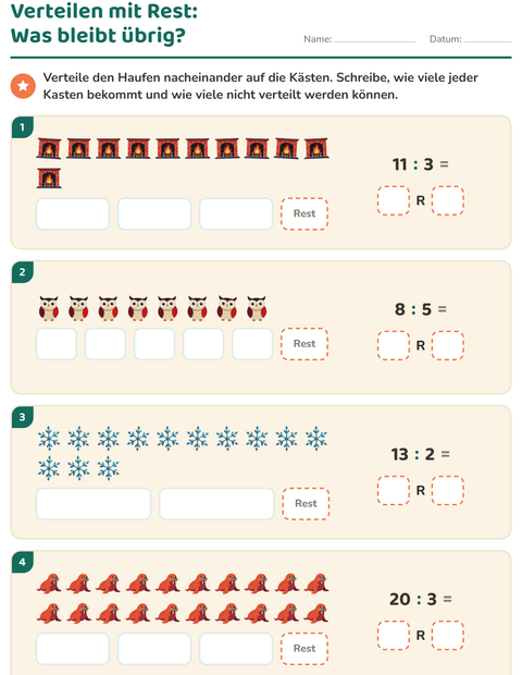 Vorschau: Teilen mit Rest-Arbeitsblatt mit Winter für 3. Klasse