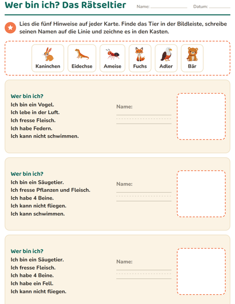 Vorschau: Tiersteckbrief-Arbeitsblatt mit Waldtiere für 2. Klasse