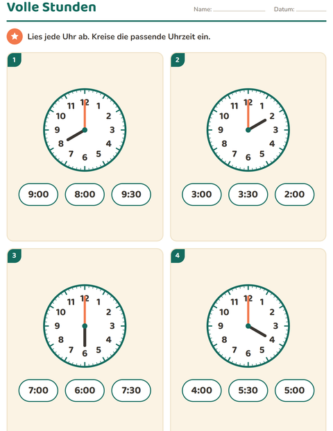 Uhrzeit lernen – Arbeitsblätter für Klasse 1 (volle und halbe Stunde) — 3