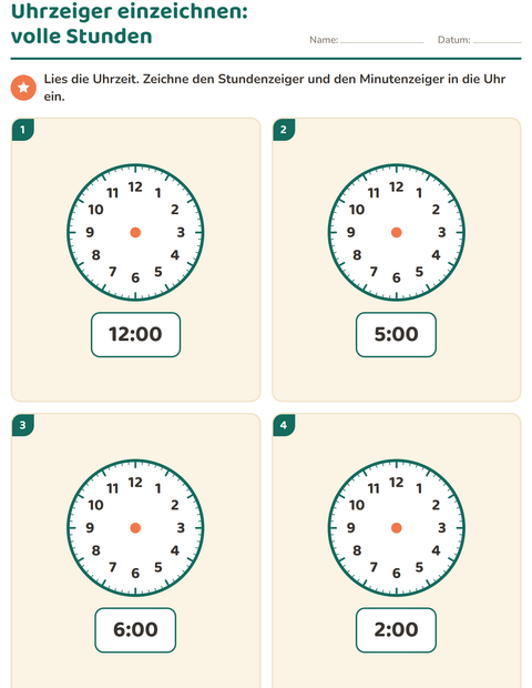 Vorschau: Uhrzeit lernen-Arbeitsblatt für 1. Klasse