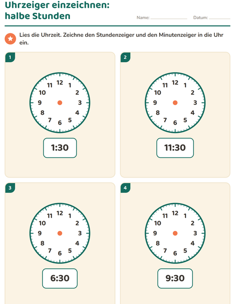 Vorschau: Uhrzeit lernen-Arbeitsblatt für 1. Klasse