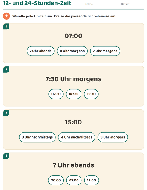 Vorschau: Uhrzeit lernen-Arbeitsblatt für 3. Klasse