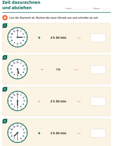Vorschau: Uhrzeit lernen-Arbeitsblatt für 3. Klasse