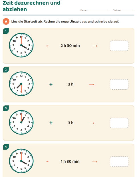 Vorschau: Uhrzeit lernen-Arbeitsblatt für 3. Klasse