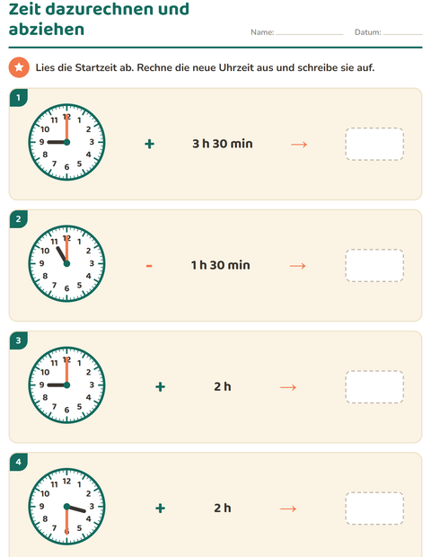 Vorschau: Uhrzeit lernen-Arbeitsblatt für 3. Klasse