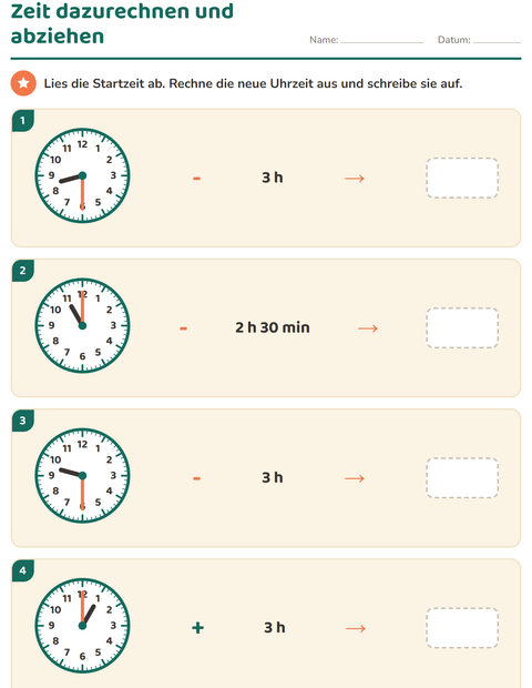 Vorschau: Uhrzeit lernen-Arbeitsblatt für 3. Klasse