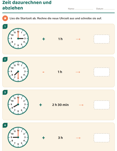 Vorschau: Uhrzeit lernen-Arbeitsblatt für 3. Klasse