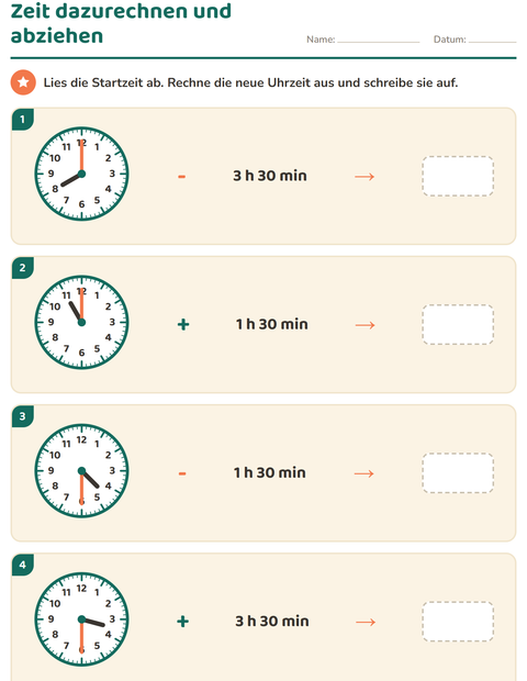 Vorschau: Uhrzeit lernen-Arbeitsblatt für 3. Klasse