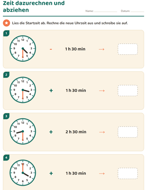 Vorschau: Uhrzeit lernen-Arbeitsblatt für 3. Klasse
