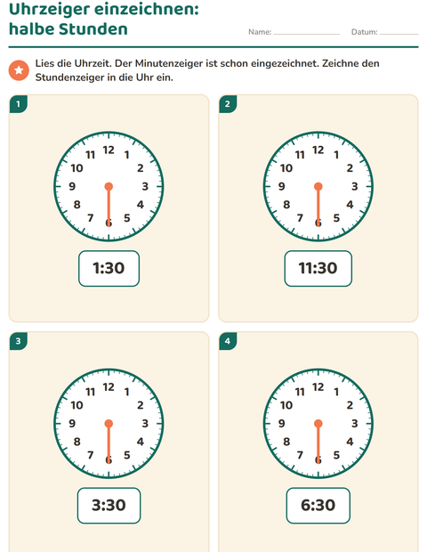 Vorschau: Uhrzeit lernen-Arbeitsblatt für 1. Klasse