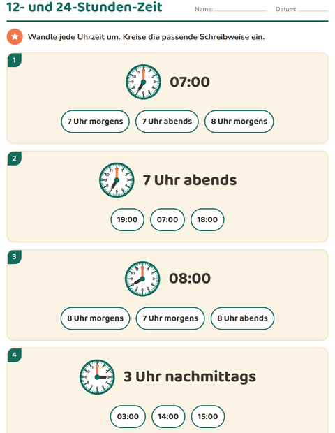Vorschau: Uhrzeit lernen-Arbeitsblatt für 3. Klasse