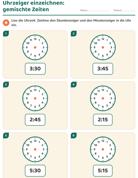 Vorschau: Uhrzeit lernen-Arbeitsblatt für 1. Klasse