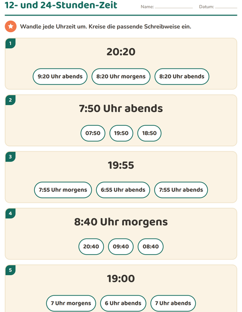 Vorschau: Uhrzeit lernen-Arbeitsblatt für 3. Klasse