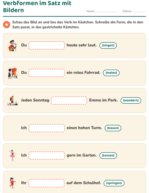 Verbformen im Satz – die Form schreiben, die zu ich, du, ihr und Emma passt