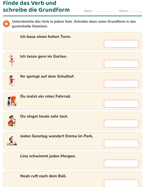 Vorschau: Finde das Verb und schreibe die Grundform – unterstreichen, dann zurück zur Grundform
