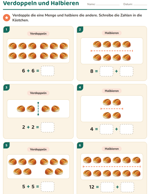Vorschau: Verdoppeln und Halbieren-Arbeitsblatt mit Bäckerei für 1. Klasse