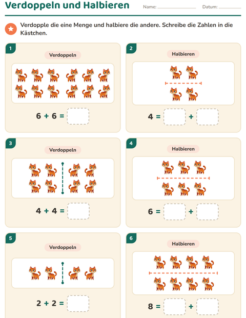 Vorschau: Verdoppeln und Halbieren-Arbeitsblatt mit Bauernhoftiere für 1. Klasse
