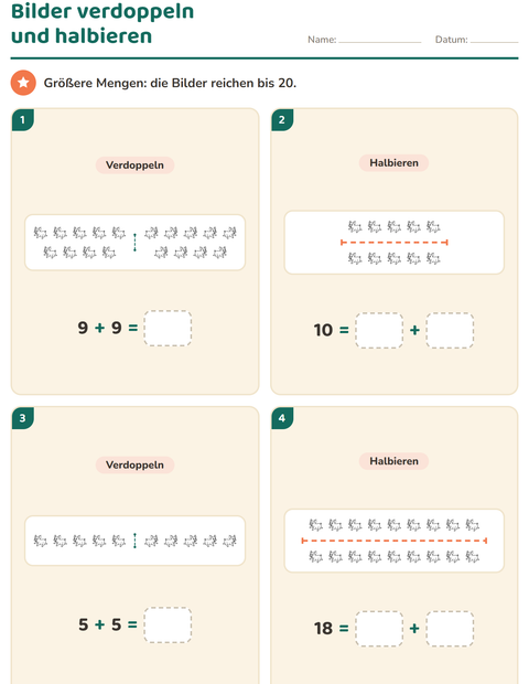 Vorschau: Verdoppeln und Halbieren-Arbeitsblatt mit Bauernhoftiere SW für 1. Klasse