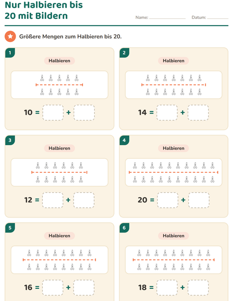 Vorschau: Verdoppeln und Halbieren-Arbeitsblatt mit Bildung SW für 1. Klasse
