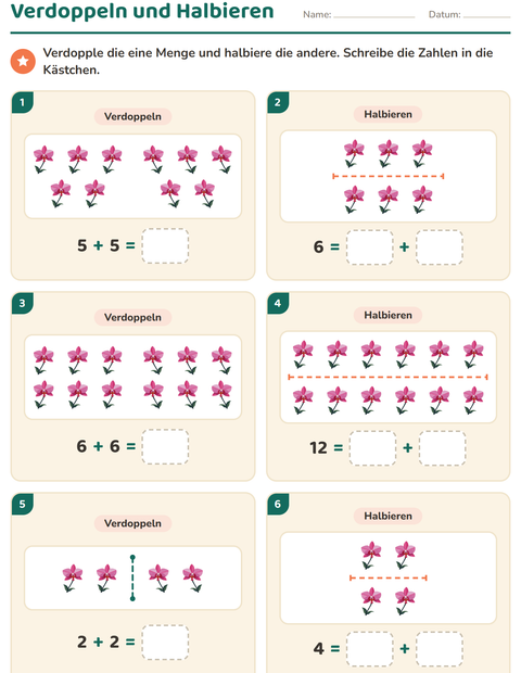 Vorschau: Verdoppeln und Halbieren-Arbeitsblatt mit Blumen für 1. Klasse