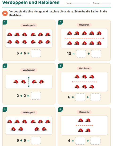 Vorschau: Verdoppeln und Halbieren-Arbeitsblatt mit Camping für 1. Klasse