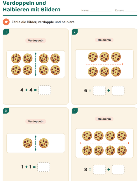 Vorschau: Verdoppeln und Halbieren-Arbeitsblatt mit Desserts und Süßigkeiten für 1. Klasse