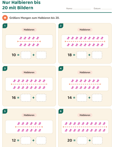 Vorschau: Verdoppeln und Halbieren-Arbeitsblatt mit Dinosaurier für 1. Klasse