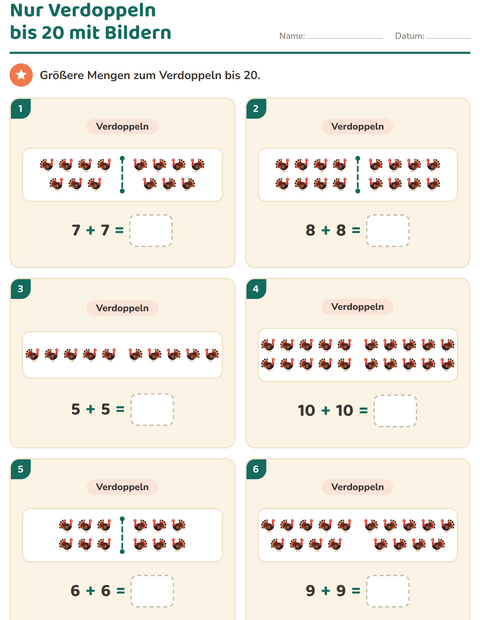 Vorschau: Verdoppeln und Halbieren-Arbeitsblatt mit Erntedankfest für 1. Klasse