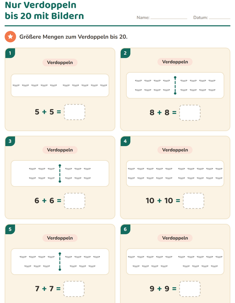 Vorschau: Verdoppeln und Halbieren-Arbeitsblatt mit Essen SW 2 für 1. Klasse