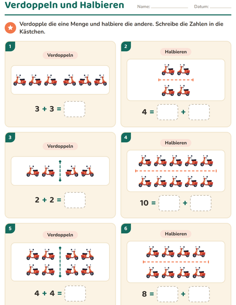 Vorschau: Verdoppeln und Halbieren-Arbeitsblatt mit Fahrzeuge für 1. Klasse