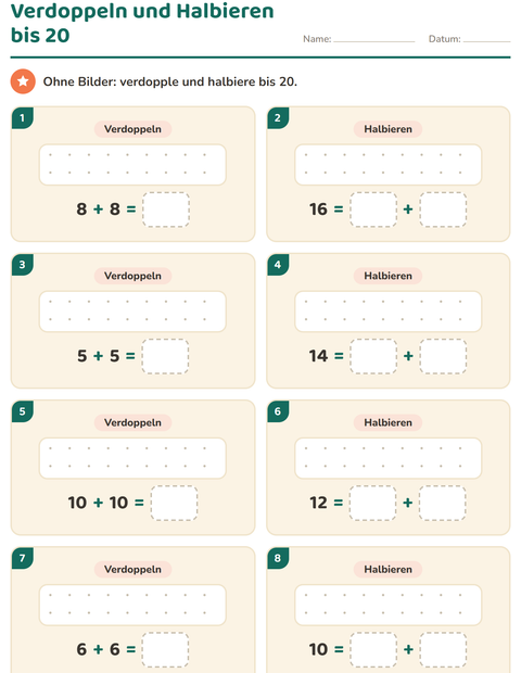 Verdoppeln und Halbieren bis 20 – acht Aufgaben ohne Bilder