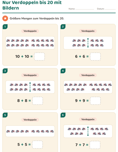 Nur Verdoppeln bis 20 mit Bildern – von 5 plus 5 bis 10 plus 10