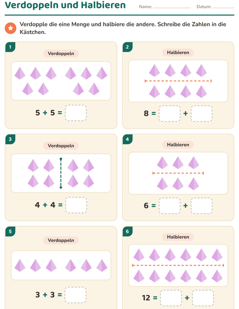 Vorschau: Verdoppeln und Halbieren-Arbeitsblatt mit Formen für 1. Klasse