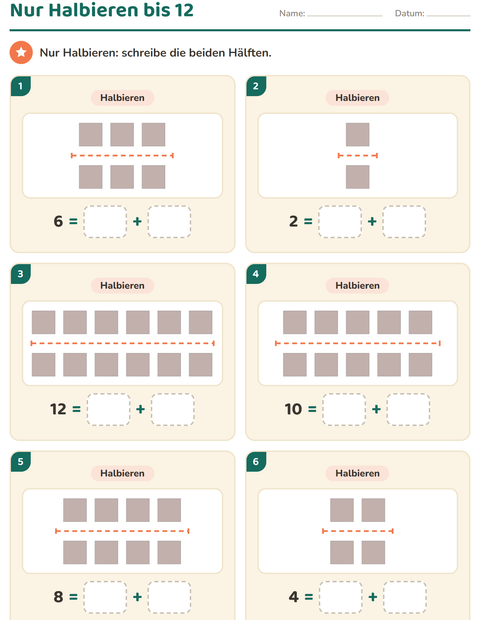 Vorschau: Verdoppeln und Halbieren-Arbeitsblatt mit Formen für 1. Klasse