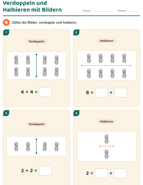 Vorschau: Verdoppeln und Halbieren-Arbeitsblatt mit Früchte SW für 1. Klasse