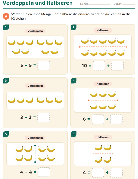 Vorschau: Verdoppeln und Halbieren-Arbeitsblatt mit Frühstück für 1. Klasse