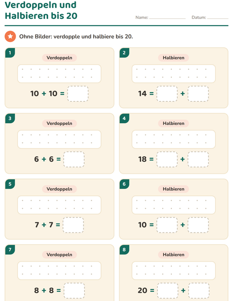 Vorschau: Verdoppeln und Halbieren-Arbeitsblatt für 1. Klasse