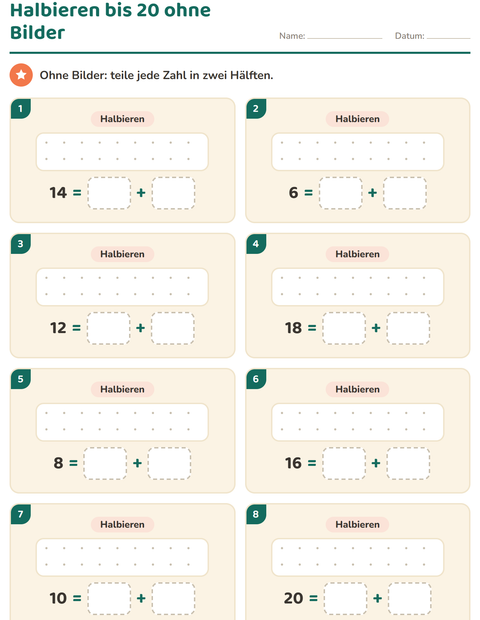 Vorschau: Halbieren bis 20 ohne Bilder – acht Zahlen in zwei gleiche Teile