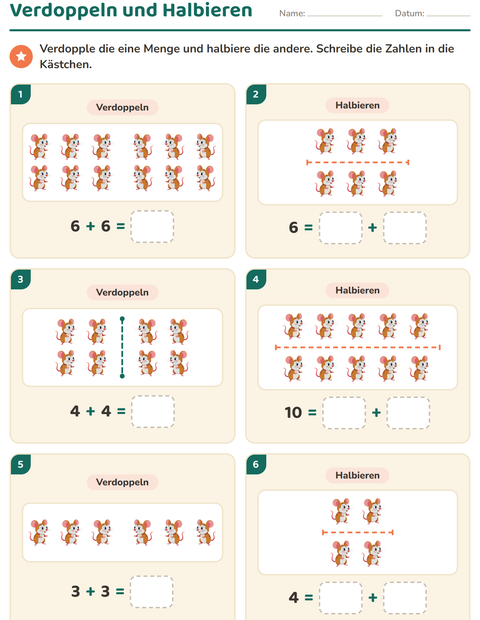 Vorschau: Verdoppeln und Halbieren-Arbeitsblatt mit Haustiere für 1. Klasse