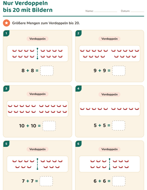 Vorschau: Verdoppeln und Halbieren-Arbeitsblatt mit Insekten und Käfer für 1. Klasse
