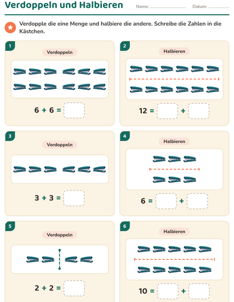 Vorschau: Verdoppeln und Halbieren-Arbeitsblatt mit Klassenzimmer für 1. Klasse
