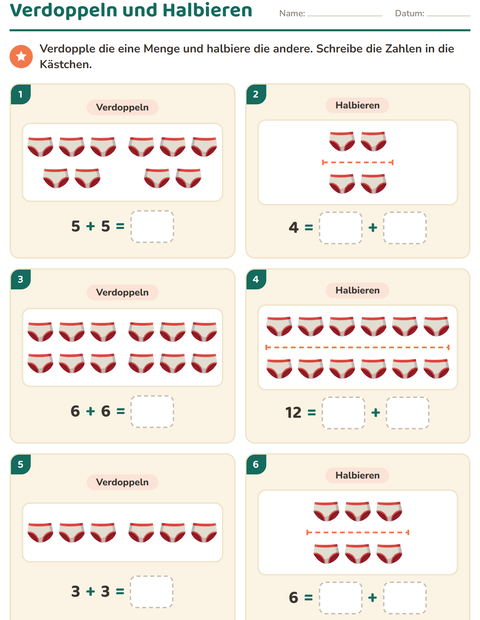 Vorschau: Verdoppeln und Halbieren-Arbeitsblatt mit Kleidung für 1. Klasse