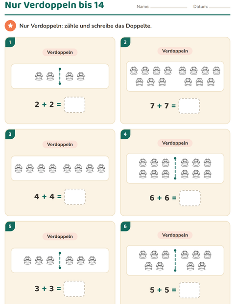 Vorschau: Verdoppeln und Halbieren-Arbeitsblatt mit Kleidung SW für 1. Klasse