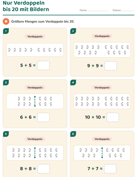 Vorschau: Verdoppeln und Halbieren-Arbeitsblatt mit Küche SW für 1. Klasse