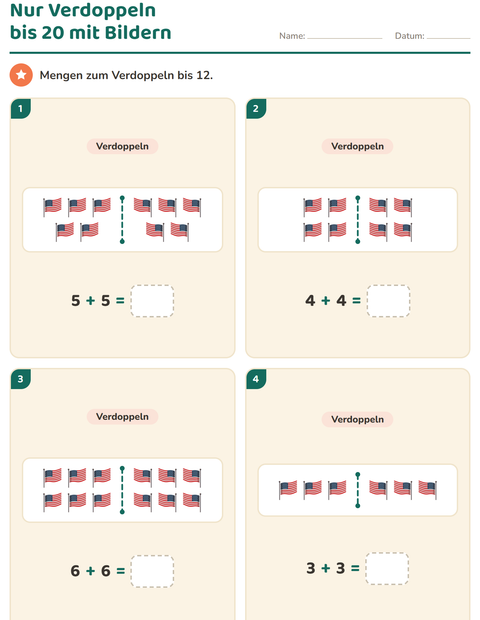 Vorschau: Verdoppeln und Halbieren-Arbeitsblatt mit 4. Juli für 1. Klasse