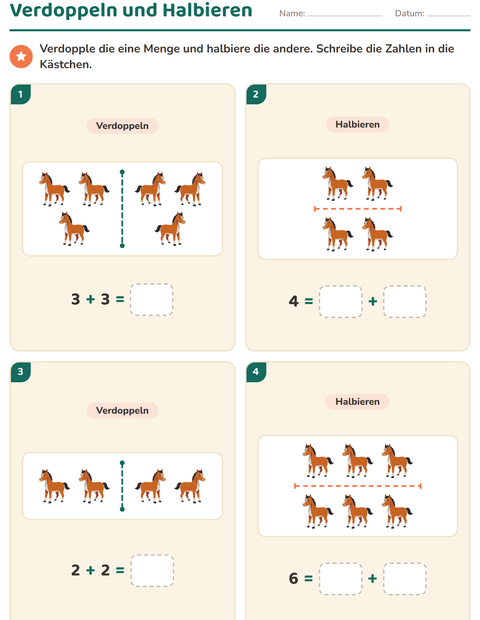 Vorschau: Verdoppeln und Halbieren-Arbeitsblatt mit Bauernhoftiere für 1. Klasse