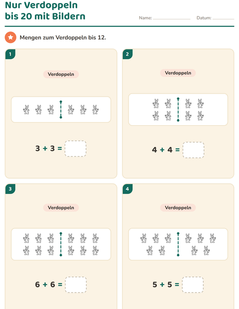 Vorschau: Verdoppeln und Halbieren-Arbeitsblatt mit Bauernhoftiere SW für 1. Klasse